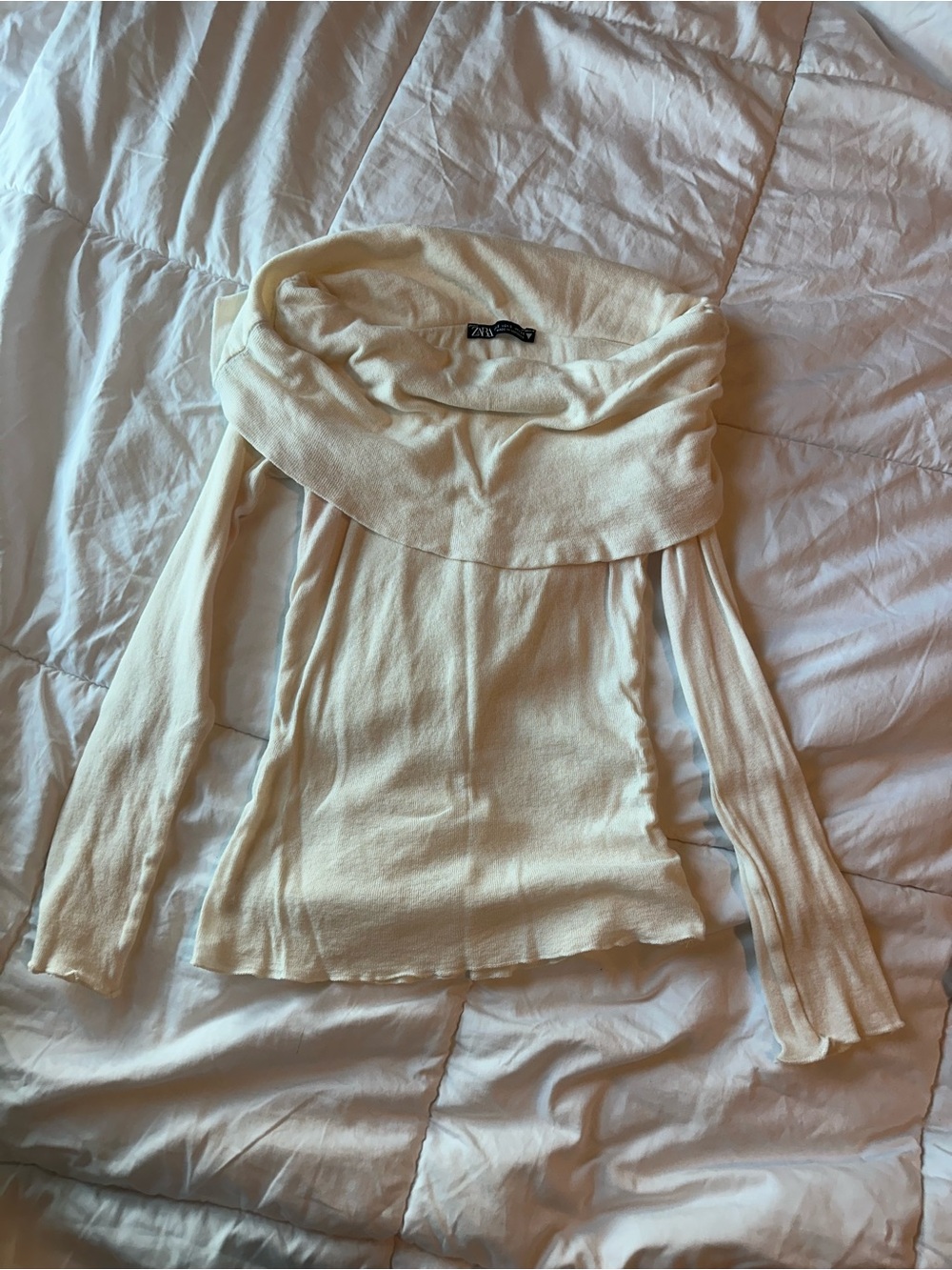 Zara Cream Off-Shoulder Fold-Over Knit Top